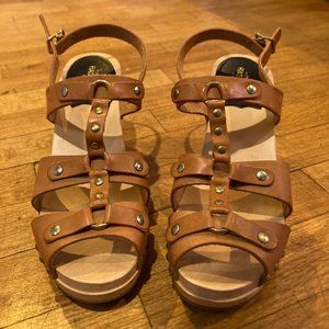 Sweedish Hasbeens Brassy High Leather Brown Clog Sandals Sz 8